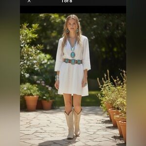 Valentina Naldi Linen Mini Dress Sz S, Crochet Trim White, Coastal, Boho, Hippie